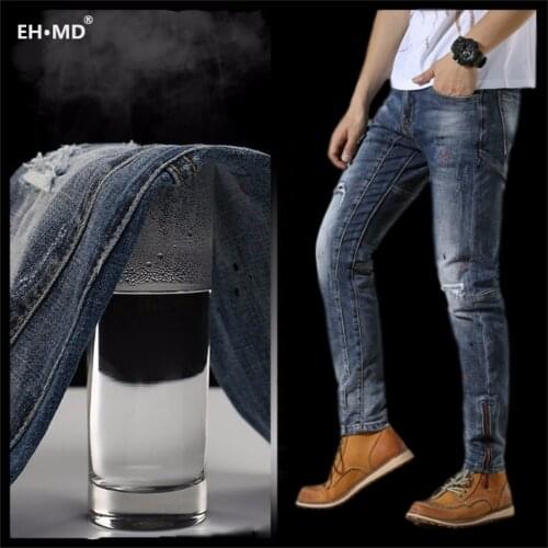 EH·MD® Spliced Ink Paint Jeans Mens Loose Slim Fit Scratched Holes Zipper Calf Pants Breathable Three-dimensional High Stretch
