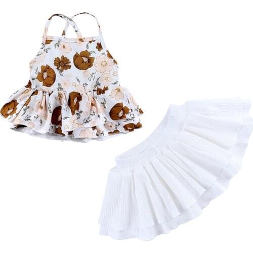 Sweet Newborn Baby Girls Fashion Clothing Sets Sleeveless Sling Flower Print Top Solid Short Skirts Suits Toddler Kids outfits