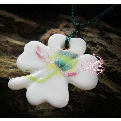 Lotus Seed Pod Painting Elegant style Handmade Ceramic Leaf Pendant Adjustable Knitted Rope Necklace For women
