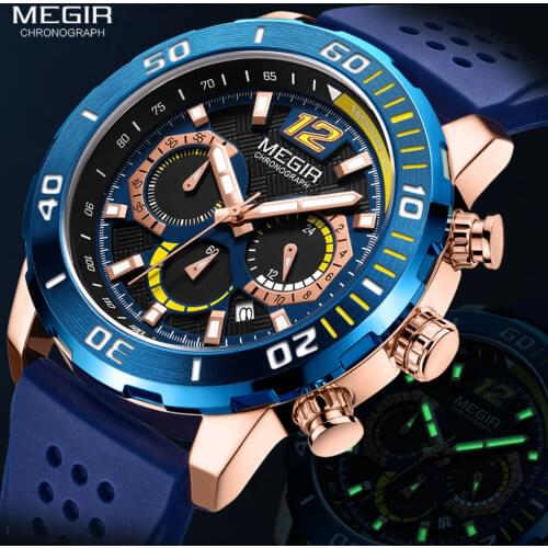 MEGIR Sport Watches for Men Luxury Chronograph Quartz Watch Man Top Brand Blue Silicone Wristwatch Reloj Relogio Luminous Clock