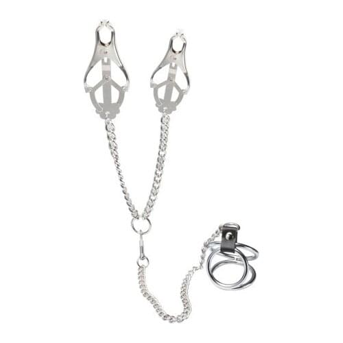 2 in 1 Metal Penis Ring&nipple Clamps With Adjustable Chain Length,Breast Clip and Massager,Cock Ring,Adult Game,H-631