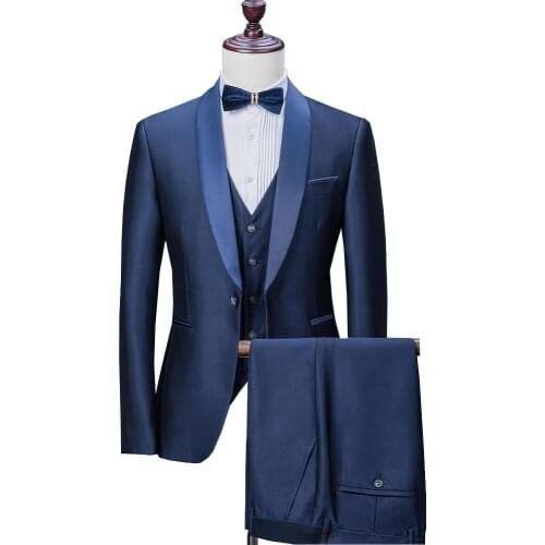Suit Mens 2020 Wedding Suits For Men Shawl Collar 3 Pieces Blue Suit Mens Tuxedo Jacket For Wedding(Blazer+Pants+Vest)