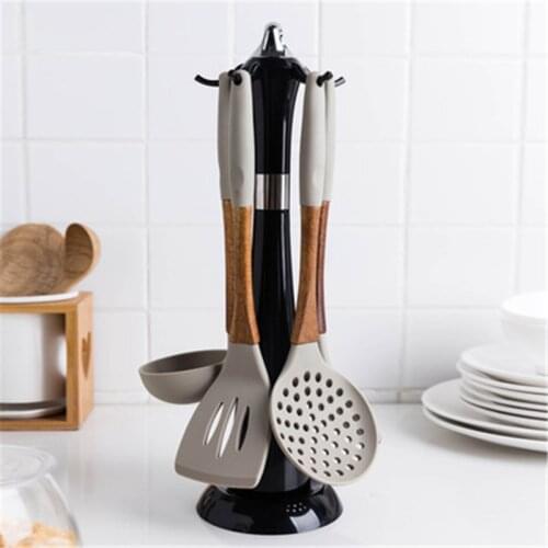 1/6PCS gray Cooking Tools Set Premium Silicone Kitchen Cooking Utensils Set with Storage Box Turner Tongs Spatula Soup Spoon