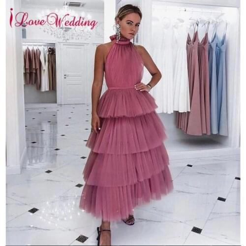 New Arrival Prom Dresses Custom made Sleeveless Tiered Tulle Skirt A Line Ankle Length Women Formal Party Prom Gown
