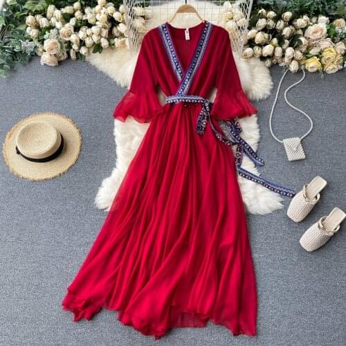 New Women Long Dress Spring Autumn Woman Sexy V Neck Bandage Chiffon Maxi Dresses Elegant Ladies Party Beach Dress Vestidos