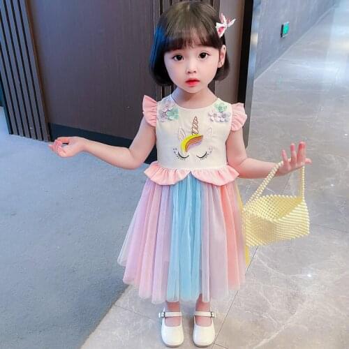 Toddler Girls Unicorn Rainbow Dress for Kids Colorful Embroidery Tulle Princess Halloween Vestido Cosplay Dress