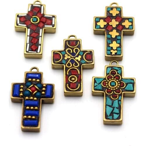 Wholesale 5pcs New Design Handmade Copper Religious Cross Shape Nepal Tibetan Charms Pendant For Jewelry Making