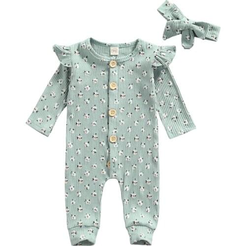 2021 Autumn Casual Baby Girl’s Casual Long Sleeve Jumpsuit Fashion Floral Single-breasted Long Romper with Headband 2 Colors