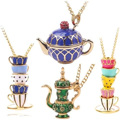 Enamel Teacup Pendant Necklace Women Jewelry Gifts Hand Painted Colorful Tea Cup Coffee Cups Collection Gold Color Link Chain
