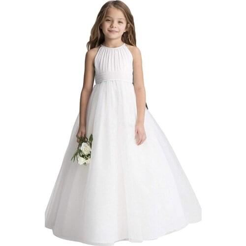 Flower Length Bridesmaid Dress Sleeveless Sequined Halter Chiffon High Waist Flower Kids Girls Princess Dress For Wedding Party