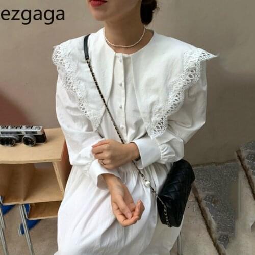 Ezgaga Sweet Dress Women Korean Chic Turn-Down Collar Long Puff Sleeve Lace Patchwork Loose High Waist Elegant Dress Vestidos