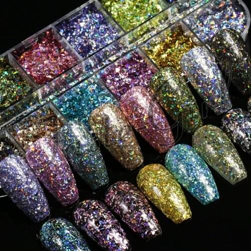 12 Color/Set Laser Colorful Broken Paillette Nail Glitter Summer Charms Designs DIY Irregular Sequins Nail Dust Powder