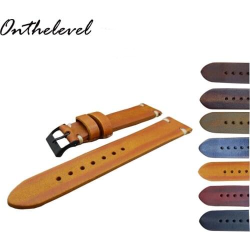 Handmade Retro Genuine Leather Watch Band Strap 18mm 20mm 22mm 24mm Man Women Wrist Watchbands Belt Silver Polished Buckle