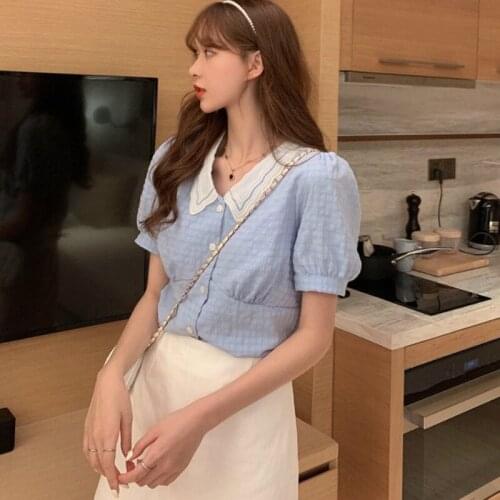 Shirts Women Short Sleeve Solid Blouses Notched Lace Spliced Button Puff Stylish Tops Sweet Shirt Plus Size 2XL Elegant Casual