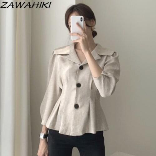 ZAWAHIKI Chic Autumn French Retro Temperament Ruffles Solid Turn Down Collar Pleated Slim Short Coat Female Long Sleeve Jacket