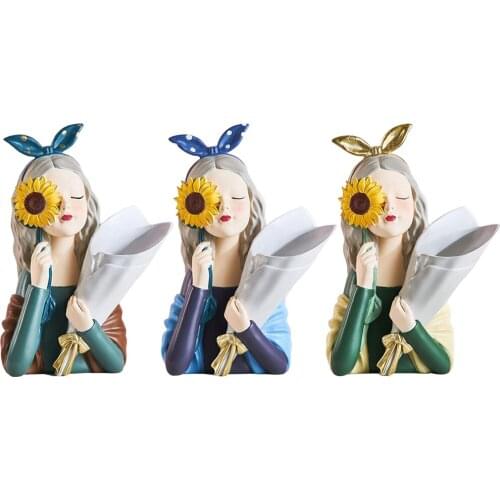 Nordic Resin Cute Girl Shaped Flower Pot Statue Sculptures Figure Plant Dried Flowers Pot Crafts Living Room Decorations