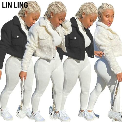 LINLING Warm and Comfortable Coat Plush Solid Color Pocket Button Short Long Sleeve Winter Coat