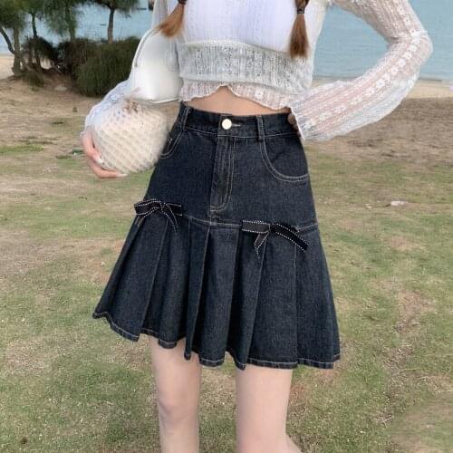 Sweet Bow Dark Denim Pleated Short Skirt Womens Summer 2021 New High Waist A-line Mini Skirt Causal Streetwear Y2k