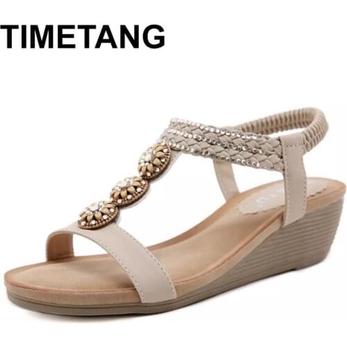 TIMETANG Summer Women Sandals Wooden Bead Water Drill Bohemia Wedges Shoes for Women Solid color Breathable Female Shoes