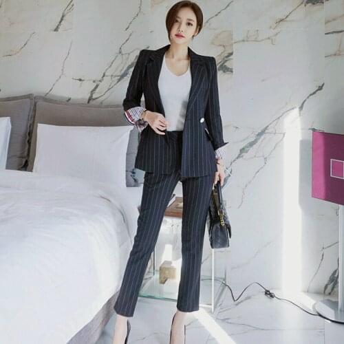 2019 New Winter OL Work Office Two Piece Set Ladies Print Striped Black Blazer and Slim Pant Women Autumn 2 Piece Set Plus Size
