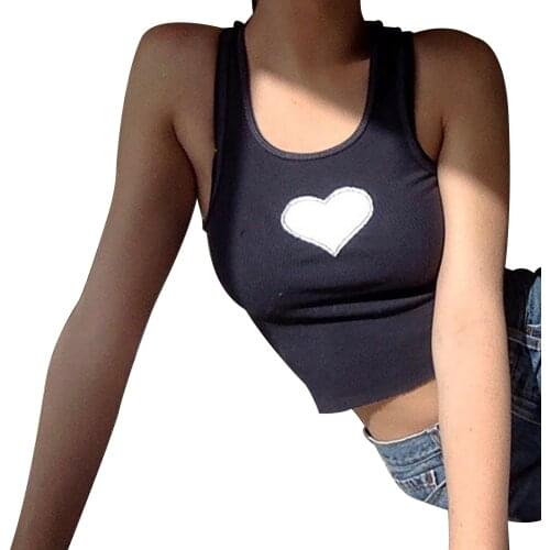 Womens Rib Knit Tank Tops, Casual Sleeveless Round Neck Heart Patchwork Slim Fit Crop Tops