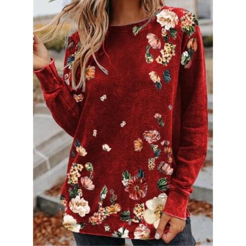 New Style Flower Graphic Tee Vintage Plus Fashion Tops WomenS Loose Printed Pullover Round Neck Long Sleeve Top Casual