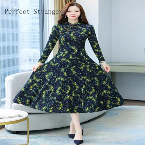 Cheongsam Style Vintage 2021 Autumn Winter New Arrival Hot Sale Stand Collar Floral Print Long Sleeve Women Long Dress