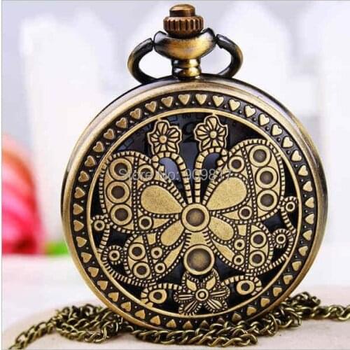 10 pcs /lot Vintage Antique bronze Hollow butterfly pattern quartz Pocket watches necklace best Christmas gift cheap