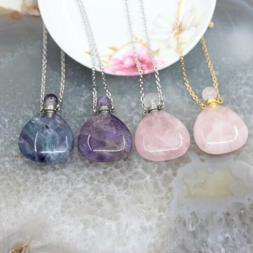 Amethysts Fluorite Heart Shaped Essential Oil Diffuser Vial Pendants,Natural Gems stone Rose Quartzs Drop Perfume Bottle Charms