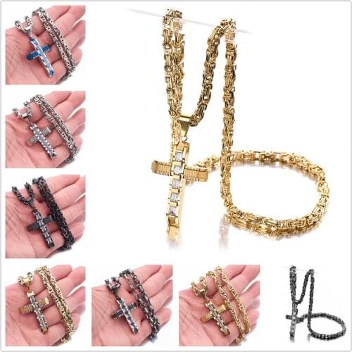 High Quality 316L Stainless Steel Silver Color Golden Black CZ Stone Cross Crucifix Mens Womens Pendant Necklace Byzantine Chain