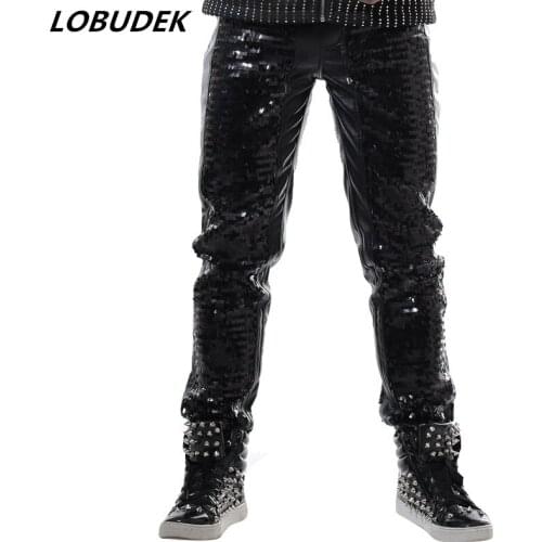 Black Silver Sequins PU Leather Pants Punk style Rock magic Hip-Hop Long pants Men Singer Nightclub Performance Leather Trousers
