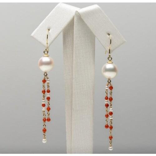 9.25mm White Genuine Akoya Pearl Red Coral Long Drop Earrings 18k Yellow Gold