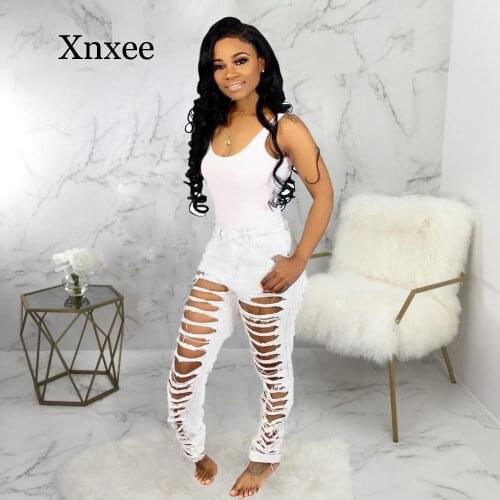 White Ripped Hole Denim Jeans High Waist Loose Pencil Pant Sexy Streetwear Nighclub White Color Denim Fashion High Women Jeans