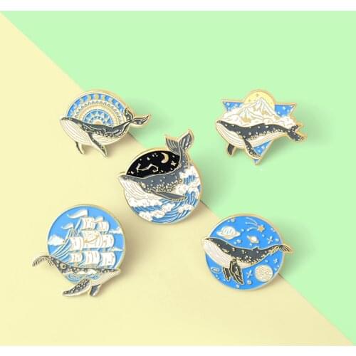 Whale Sea Wave Sailing Adventure Enamel Pin Ocean Animal Brooches Lapel Pin Cartoon Metal Badge Jewelry Gift for Friends