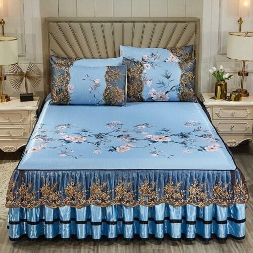 European Ice Silk Double Bedspread Set Floral Summer Queen King Bed Cover Embroidered Lace Cooling Air Conditioning Sleep Mat