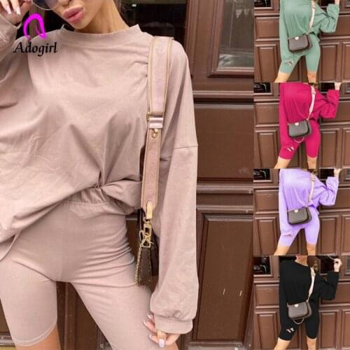 Fitness Women Two Pieces Set Autumn Loose Long Sleeve O Neck Women Solid Pajama Set Short Tracksuit Female Sport Suits Plus Size