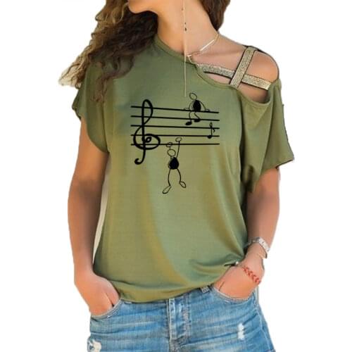 New Summer Music Notes Printed T Shirt Women Animal Short Sleeve Tshirts Funny T-Shirt Girl Irregular Skew Cross Bandage Tee