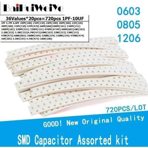 Free Shiping 720PCS/LOT 0603 0805 1206 SMD Chip Ceramic Capacitor assorted 32 values*20pcs 10PF-22UF Samples Kit Electronic Diy