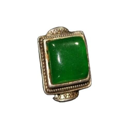 Chinese Old Craft Made Old Tibetan Silver Inlaid Green Jade Silver Ring
