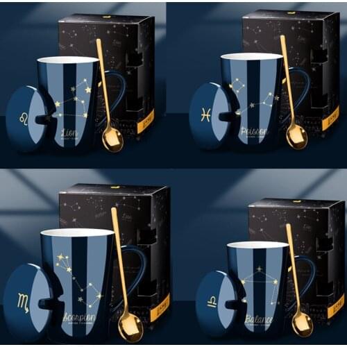 420ML Nordic Creative Blue Ceramic Coffee Mug Personality Trend Constellation Water Cup With Lid Spoon New Year Gift Mug