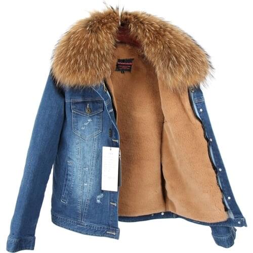 Maomaokong2020 new Natural raccoon fur collar Womens winter warmth thickened lined denim denim coats and jackets