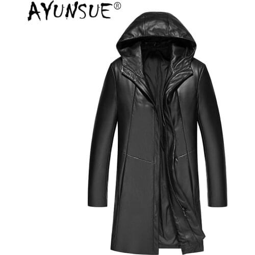 AYUNSUE 2021 Autumn Genuine Sheepskin Leather Jackets Men Hooded New Black Long Down Jacket Mens Winter Casaco Masculino Gmm24