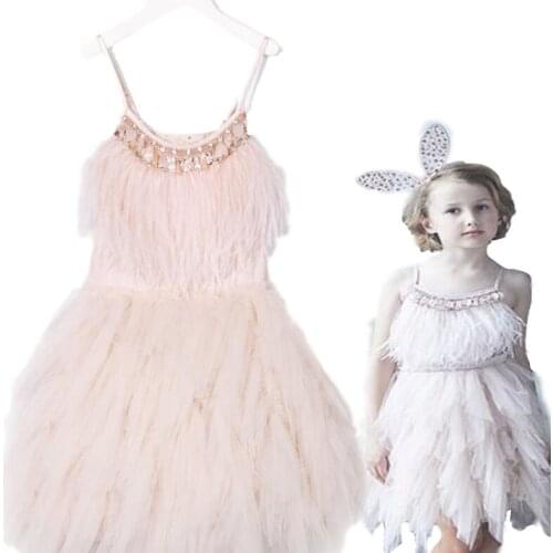 Swan Feather Sequins Dress Christmas New High-End Custom Baby Dress Girls Dress Ins Explosion Models Swan Feathers Dresses 2021