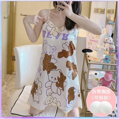Sweet Cute Cartoon Night Dress Women Sexy Ice Silk Nightdress Female Students Bow Sleepwear Casual Loose Dresses Nightie Summer
