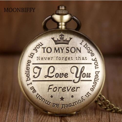 Bronze To MY SON Engraving Word Pocket Watches Men Roman Number Quartz Pocket Watches Unique Chain Boy Birthday Christmas Gifts