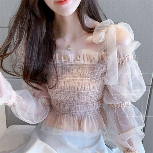 2021 New Women Chiffon Blouse Elegant Summer Lady Off Shoulder Mesh Blousas Long Sleeve Shirt Bottomings Pullovers Fairy WZ1369