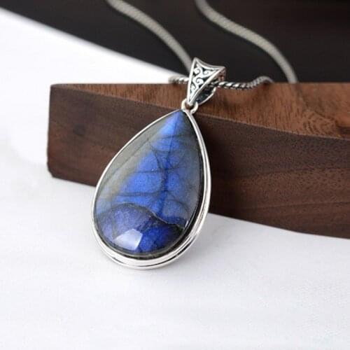 BOCAI 2021 Trend New Real 925 Silver Jewelry Simple Natural Moonston/Labradorite retro Original Stone Drop-shaped Woman Pendant