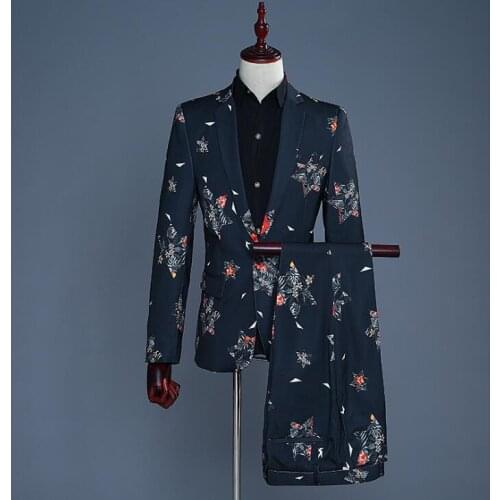 Singer Pentagram printing stage clothing for men groom suit set with pants 2020 mens wedding suits costume man formal dress 2XL