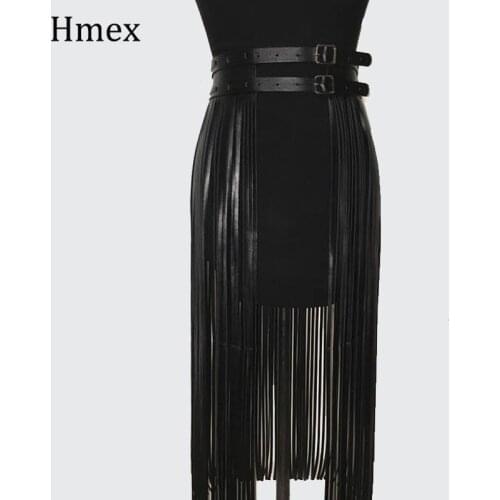 2020 New Belts For Women PU Leather Short Long Tassel Skirt Club Party Slim Fringe Female Skirt Black Decorative Summer Dress