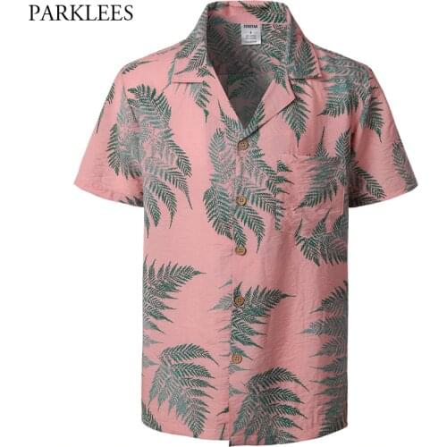 Pink Vintage Hawaiian Shirt Men Casual Short Sleeeve Button Down Dress Shirts Floral Print Cotton Shirt Beach Shirt with Pocket